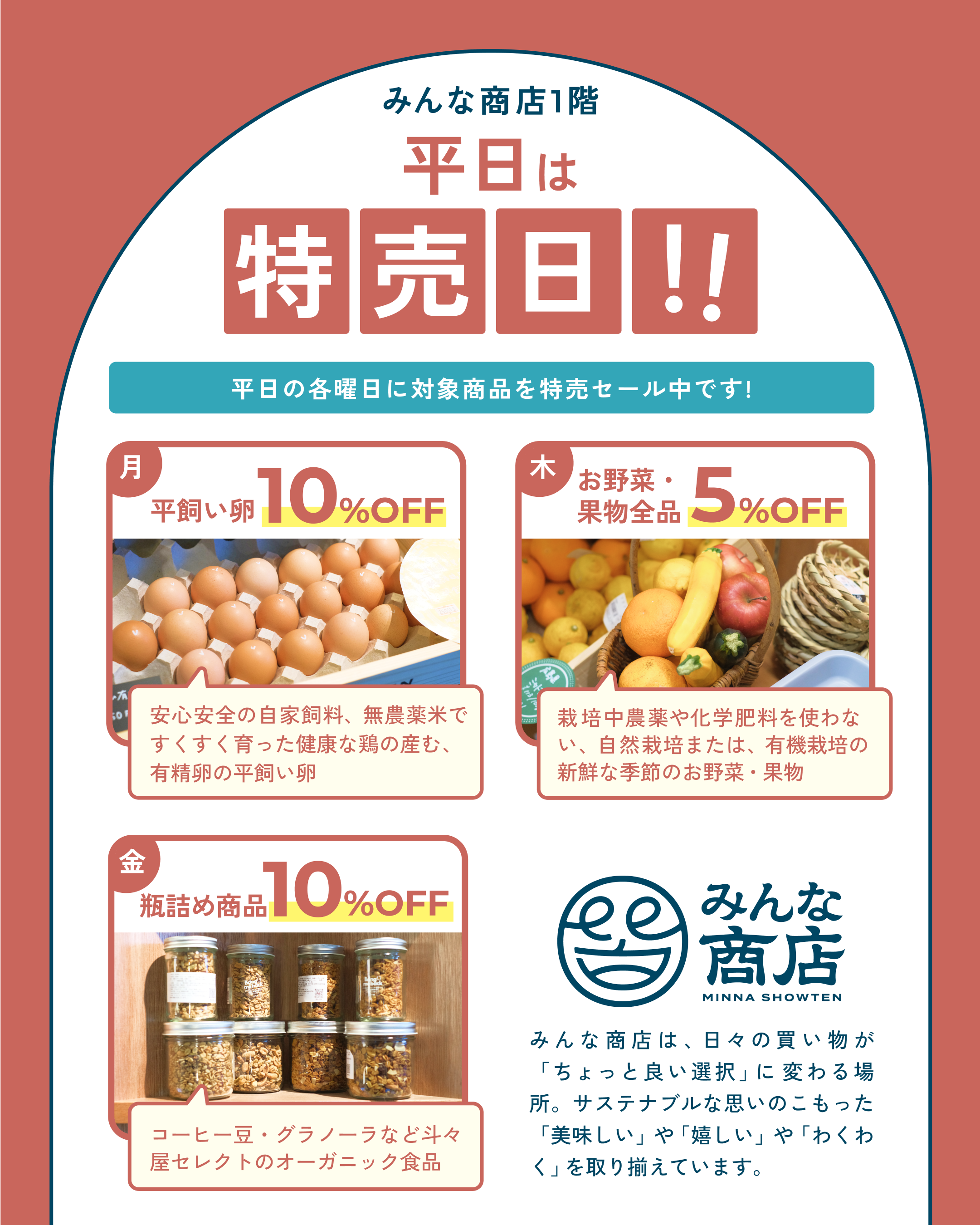 おトクな特典:月・木・金曜日はみんな商店へ! みんな商店1F日替わり割引!
